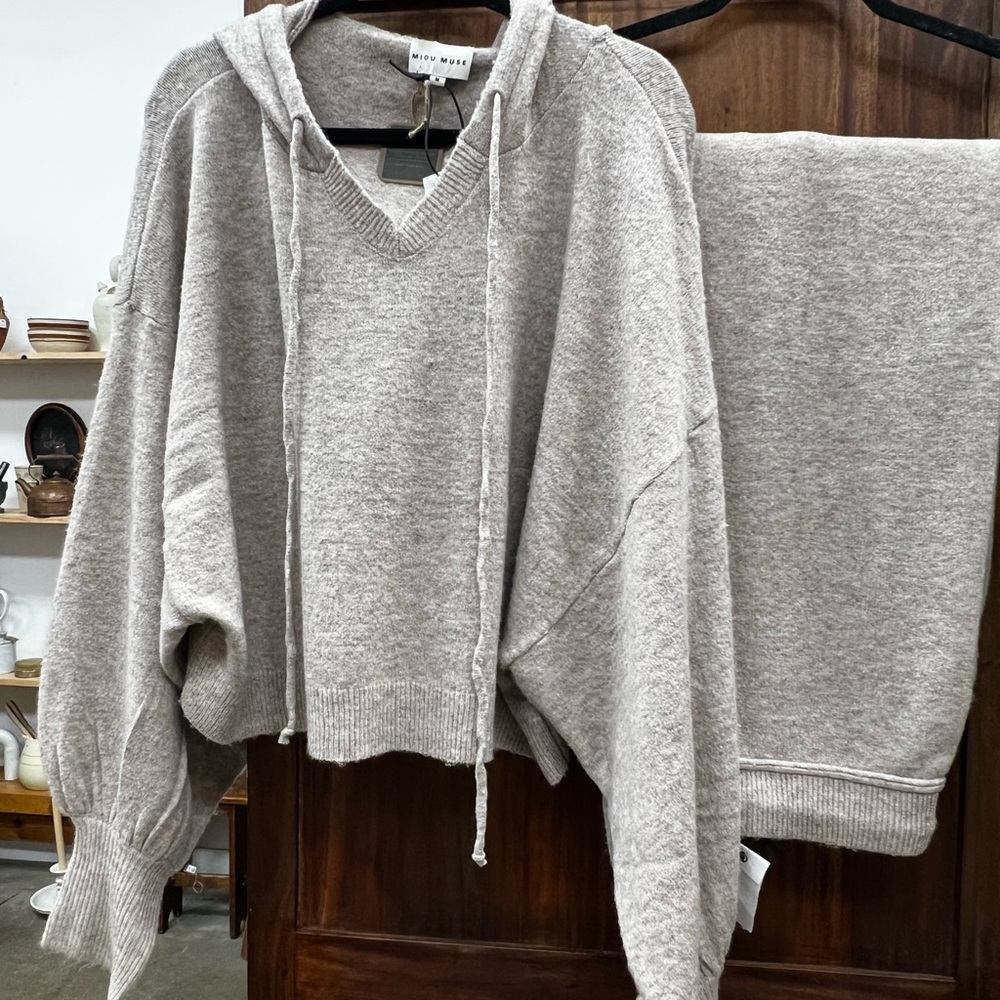 Cozy Knit Hoodie and Pants Set in a beige/grey color.
